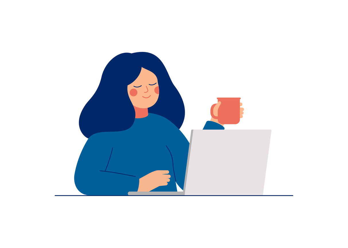 Illustration ung kvinna med kopp vid datorn