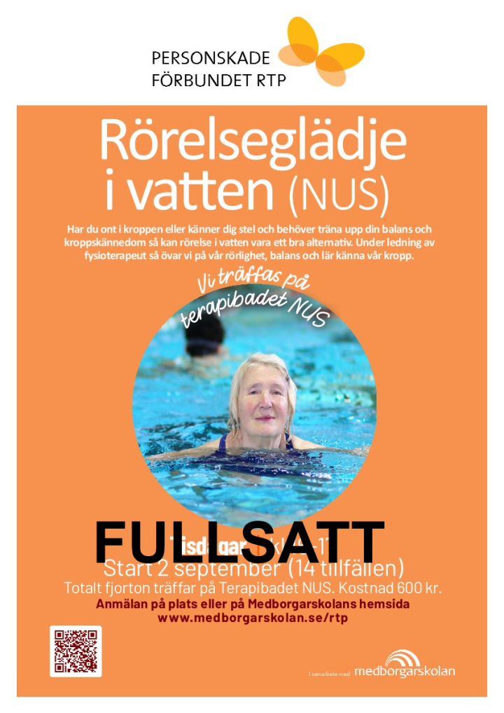 En bild som informerar om att det är fullsatt på Terapibadet på NUS i Umeå