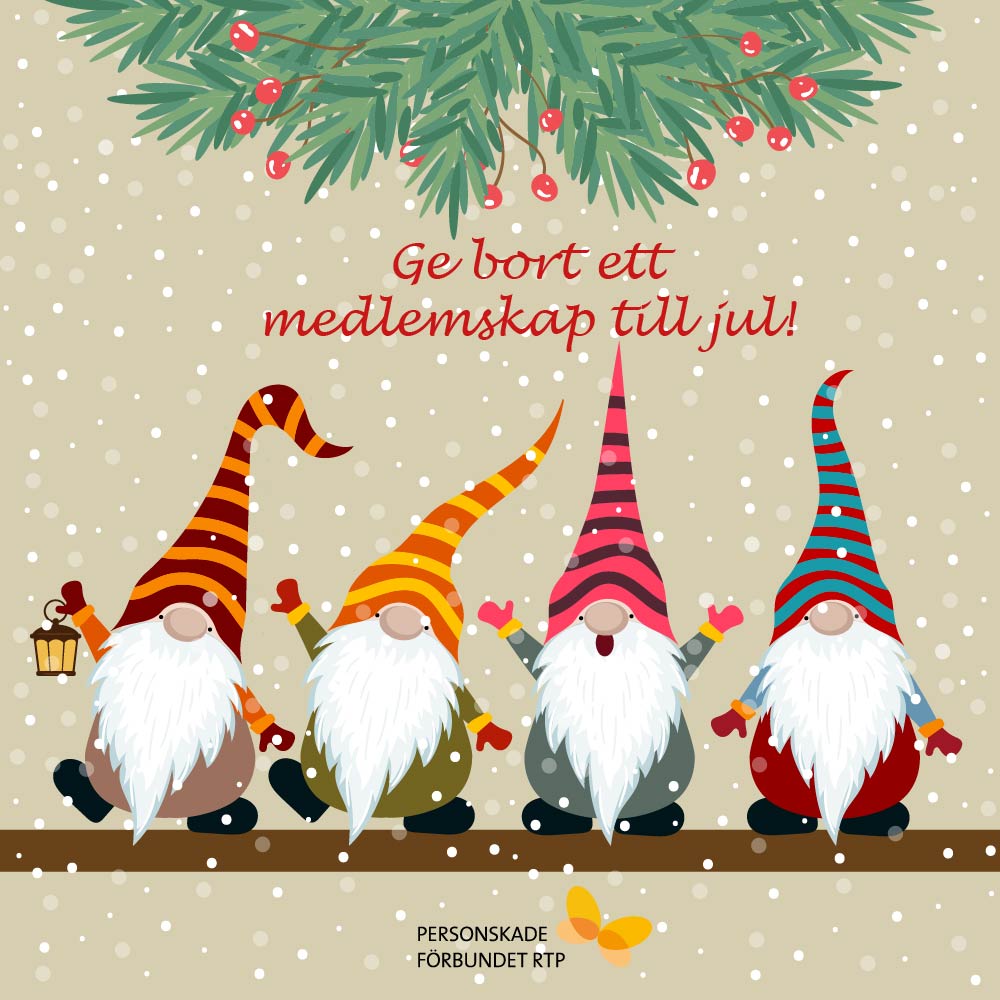 Fyra tecknade tomtenissar mot bakgrund med snö